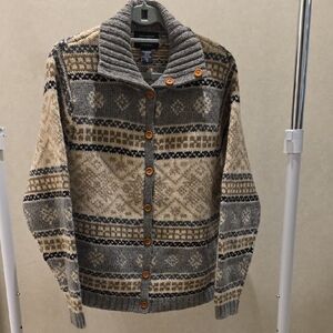 Eddie Bauer Beige White and Gray Cardigan Sweater